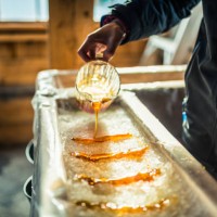 person pouring maple syrup onto snow at sugar shack - food stock pictures, royalty-free photos & images