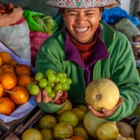 peruvian woman selling fruits in her shop, chivay, peru - food stock pictures, royalty-free photos & images