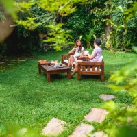 petit déjeuner relaxant de week-end dans l'arrière-cour luxuriante - garden decoration photos et images de collection