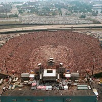 Philadelphia, Pennsylvania-The Live Aid Concert at JFK Stadium. An aerial view displays the packed stadium in its entirety.