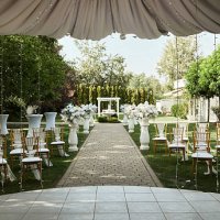 photo of beautiful backyard wedding act decorations. - garden decoration stock pictures, royalty-free photos & images