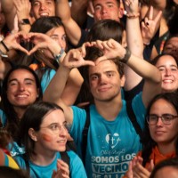 Pilgrims gather at Estoril Casino Gardens to celebrate with a rock concert on the eve of JMJ-WYD on July 31, 2023 in Estoril, Portugal. Lisbon hosts...