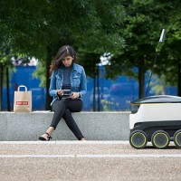 Pilots a Starship robot to deliver food from its takeaway restaurants on July 5, 2016 in London, England.