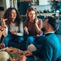 pizza and friends - junk food stock pictures, royalty-free photos & images