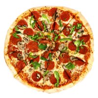 pizza from the top - deluxe - junk food stock pictures, royalty-free photos & images