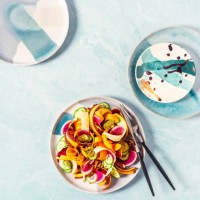 plate of fresh salad on blue background - food stock pictures, royalty-free photos & images