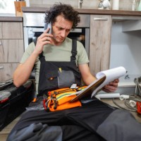 plumber calling colleague for advice - home decoration stock pictures, royalty-free photos & images
