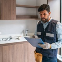 plumber working at a house and writing on a clipboard - home decoration stockfoto's en -beelden