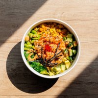 poke bowl with salmon, directly above view - junk food stock pictures, royalty-free photos & images