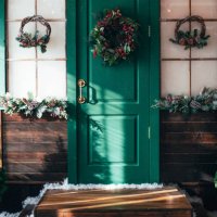 porch with wooden doors and a threshold with christmas decor. - garden decoration stock pictures, royalty-free photos & images