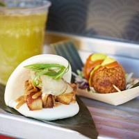 pork belly on a chinese steamed bun and rice ball served on a food cart - junk food stock pictures, royalty-free photos & images