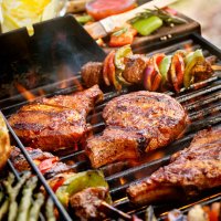 pork chops with kabobs on the bbq - food stock pictures, royalty-free photos & images