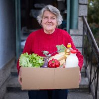 portrait of happy senior woman with received crate with food during pandemic. - food stock pictures, royalty-free photos & images