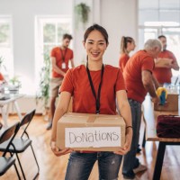 portrait of volunteer holding donation box with goods for people in need - food stock pictures, royalty-free photos & images