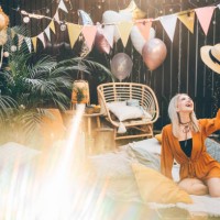 portrait of woman at backyard party. - garden decoration stock pictures, royalty-free photos & images