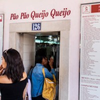 Portugal, Lisbon, Rua de Belem, Pao Pao Queijo Queijo order line at sandwich shop.