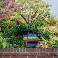 potted plant on top of garden wall - garden decoration stock pictures, royalty-free photos & images