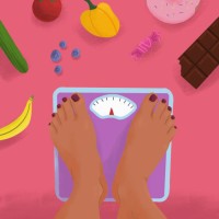 pov legs of barefoot woman standing on weight scale surrounded by junk food and healthy food - junk food stock illustrations