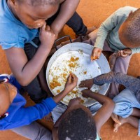 poverty in africa. hungry black african children holding out plates while a charity organisation distributes food - junk food stock pictures, royalty-free photos & images