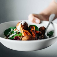 primer plano del chef sosteniendo un tazón de falafel vegano - food fotografías e imágenes de stock