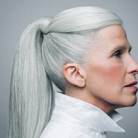profile of mature woman with grey hair, portrait. - hairstyle stockfoto's en -beelden
