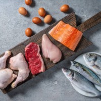 protein source food meat, eggs and fish: chicken, beaf, salmon, seabass, mackerel and sea bream - food stock pictures, royalty-free photos & images