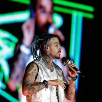 Puerto Rican singer Rauw Alejandro performs during a concert at Andres Quintana Roo Stadium on May 24, 2023 in Cancun, Mexico.
