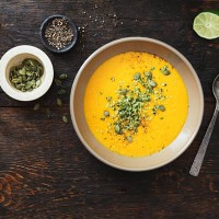 pumpkin soup with coconut and seeds - food stock pictures, royalty-free photos & images