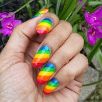 rainbow nail art with purple growing flower - nails art stock pictures, royalty-free photos & images