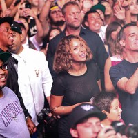 Rapper Jay-Z, singer Beyonce and Los Angeles Mayor Eric Garcetti are seen watching Steve Aoki's set during day 2 of the Made in America Festival at...