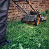 rasenmäher schneiden grünes gras im hinterhof, gartenservice. - garden decoration stock-fotos und bilder