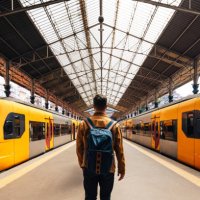 rear view of a man with backpack walking between train on train station - travel stock pictures, royalty-free photos & images