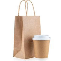 recycled paper kraft shopping bag with coffee cup - junk food stock pictures, royalty-free photos & images