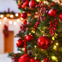 red christmas tree and fireplace decoration, merry christmas and happy new year, red and white christmas decor design, christmas background - home decoration stock pictures, royalty-free photos & images
