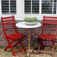 red terrace furniture at backyard - garden decoration stock pictures, royalty-free photos & images