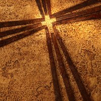 religious: cross of old square rusty nails on gold background - nails art stock pictures, royalty-free photos & images