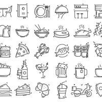 restaurant and food related objects and elements. hand drawn vector doodle illustration collection. hand drawn icons set. - food stock illustrations