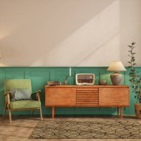 retro living room with green armchair, dresser, floor lamp and potted plant - home decoration stock pictures, royalty-free photos & images