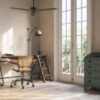 retro living room with study table, floor lamp, drawer, typescript and potted plant - garden decoration stockfoto's en -beelden