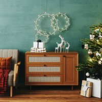 retro style living room design with christmas decoration - home decoration stock pictures, royalty-free photos & images