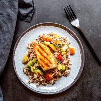 roasted salmon with wild rice and vegetables - food stock pictures, royalty-free photos & images
