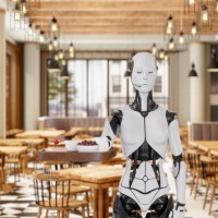 robot waitress serving in a restaurant - food stock pictures, royalty-free photos & images