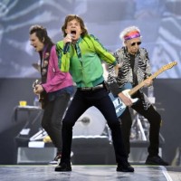 Rolling Stones guitar player Ronnie Wood, Rolling Stones singer Mick Jagger and Rolling Stones guitar player Keith Richards perform during a concert...