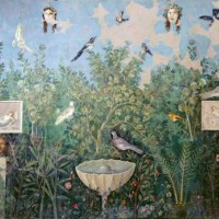 Roman civilization, 1st century A.D. Wall decorated with Third style fresco, depicting garden and birds. From Pompei.