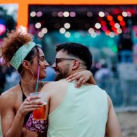 romantic hipster couple at music festival. - concert stock pictures, royalty-free photos & images