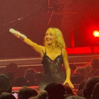 Sabrina Carpenter onstage in Houston at Toyota Center as part of her Short n' Sweet Tour.