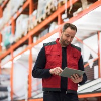 salesman using digital tablet while standing by shelf in hardware store - home decoration stock pictures, royalty-free photos & images