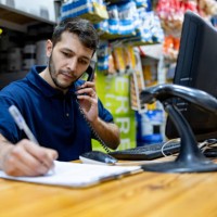 salesman working at a hardware store taking an order on the phone - home decoration stock pictures, royalty-free photos & images