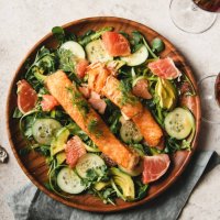 salmon over watercress salad - food stock pictures, royalty-free photos & images
