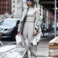 Samantha Angelo is seen wearing an all gray outfit outside the Anna Sui show during New York Fashion Week on February 15, 2017 in New York City.